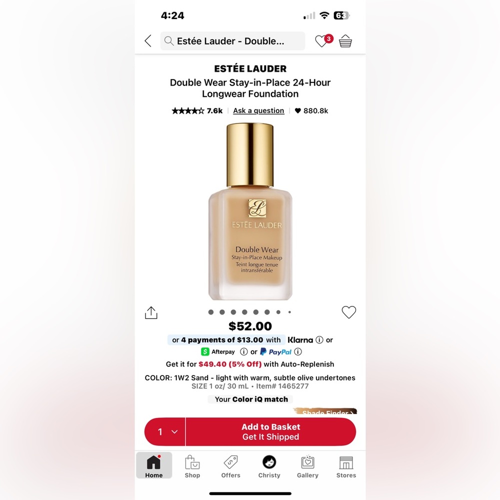 Estee Lauder Double Wear Sand 1W2 Foundation